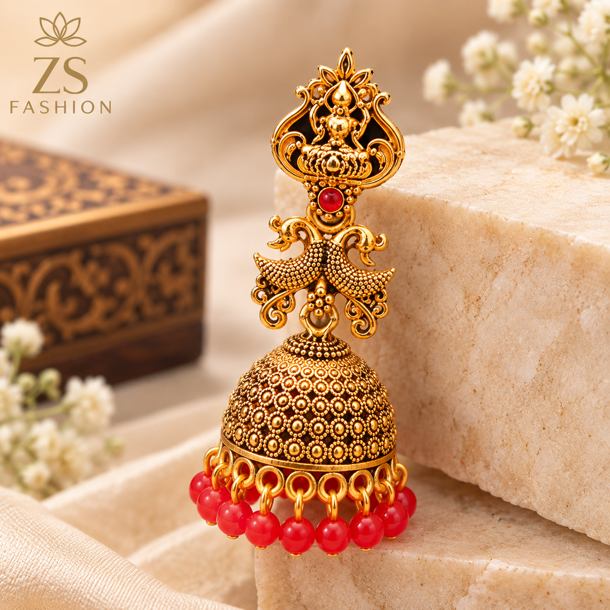 Antique Gold-Tone Temple Jhumka Earrings with Red Bead Drops