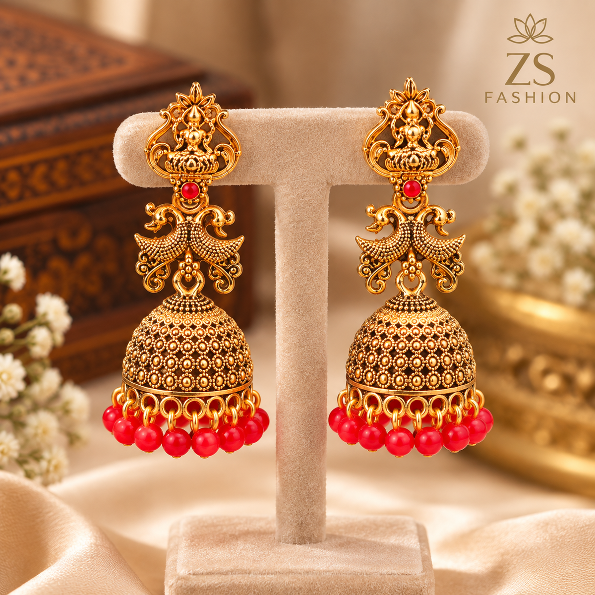 Antique Gold-Tone Temple Jhumka Earrings with Red Bead Drops