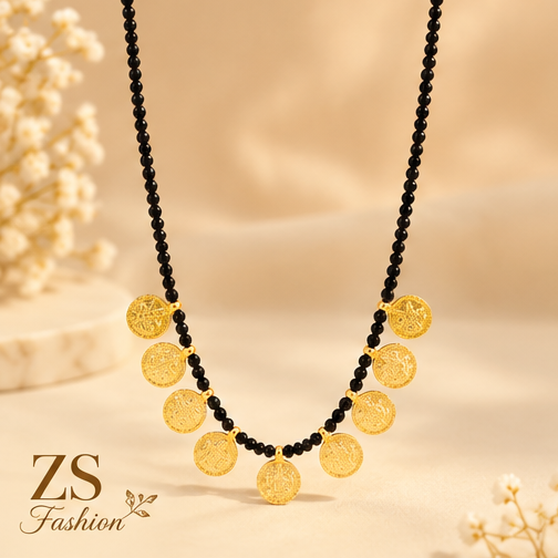 Traditional Gold-Tone Coin Mangalsutra Necklace with Black Beads