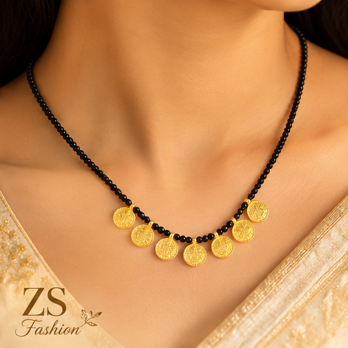 Traditional Gold-Tone Coin Mangalsutra Necklace with Black Beads