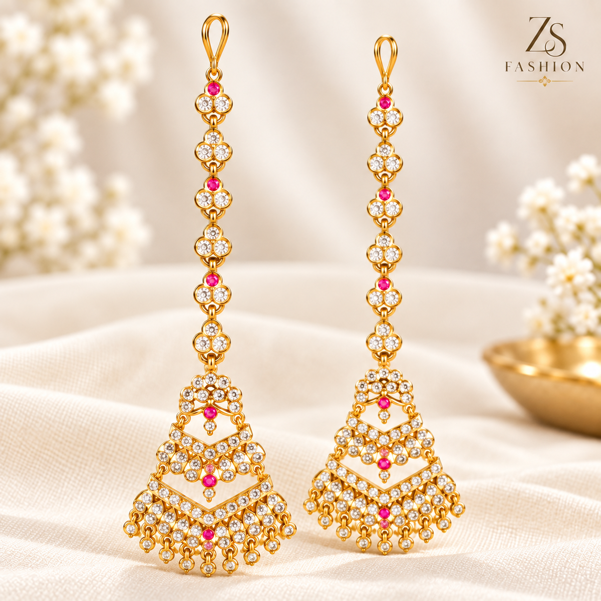 ZS Fashion Royal Pink & White Stone Gold-Tone Long Chandbali Earrings