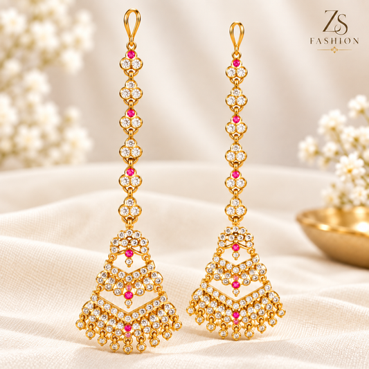 ZS Fashion Royal Pink & White Stone Gold-Tone Long Chandbali Earrings
