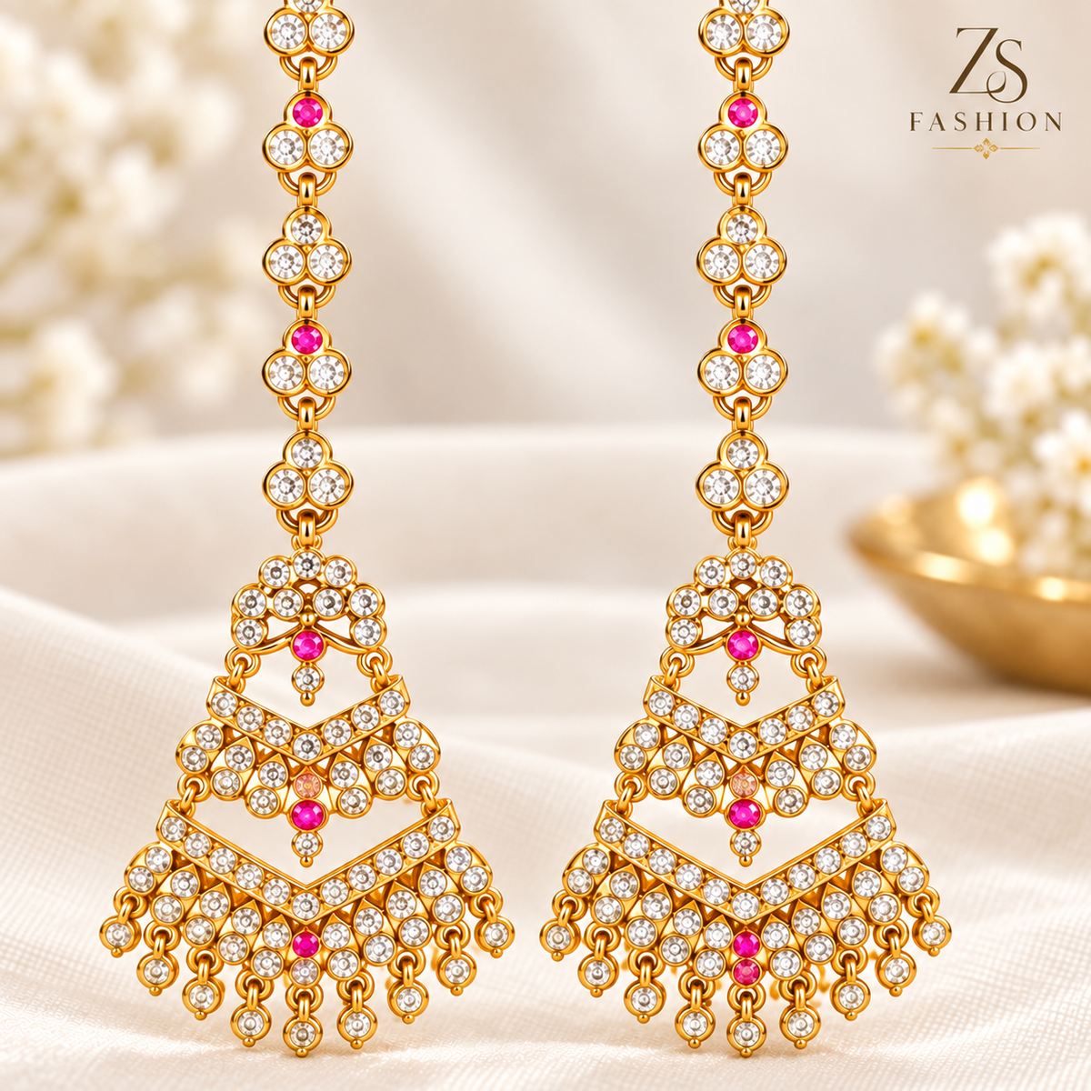 ZS Fashion Royal Pink & White Stone Gold-Tone Long Chandbali Earrings