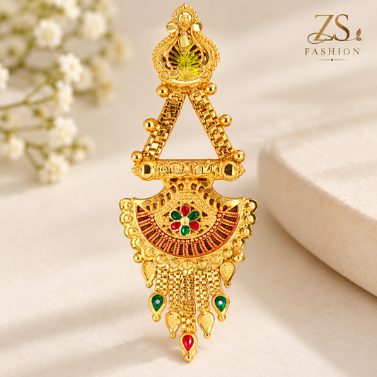 Traditional Gold-Tone Fan Design Long Dangler Earrings with Red & Green Accents | ZS Fashion