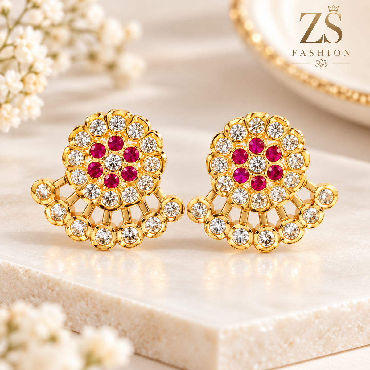 Ruby Pink & White Stone Floral Fan Earrings – Gold Tone