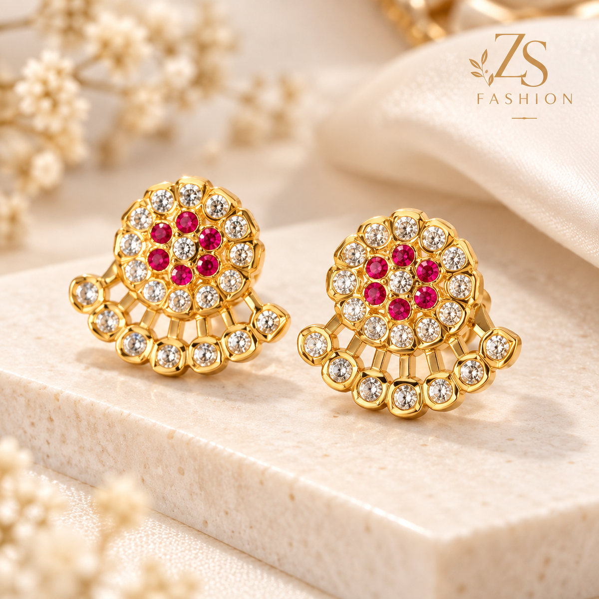 Ruby Pink & White Stone Floral Fan Earrings – Gold Tone