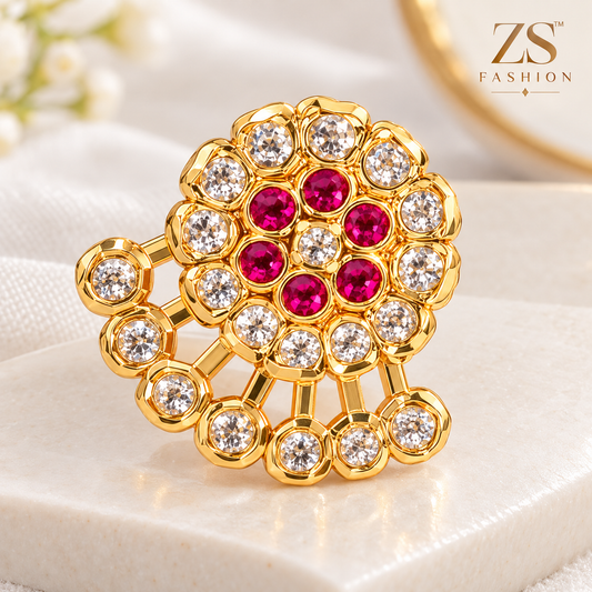 Ruby Pink & White Stone Floral Fan Earrings – Gold Tone