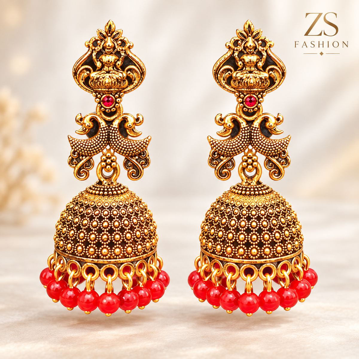 Antique Gold-Tone Temple Jhumka Earrings with Red Bead Drops