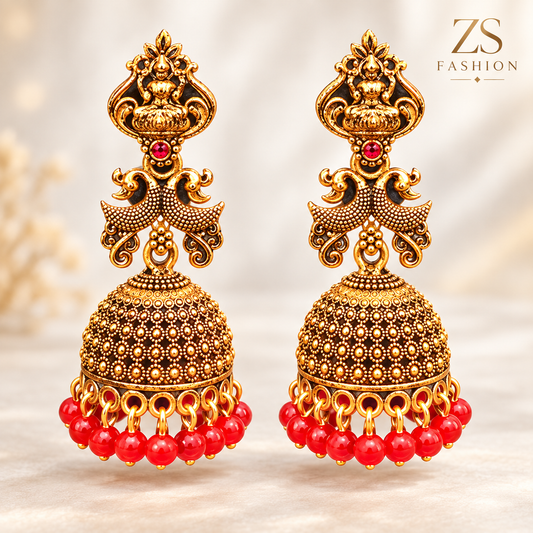 Antique Gold-Tone Temple Jhumka Earrings with Red Bead Drops