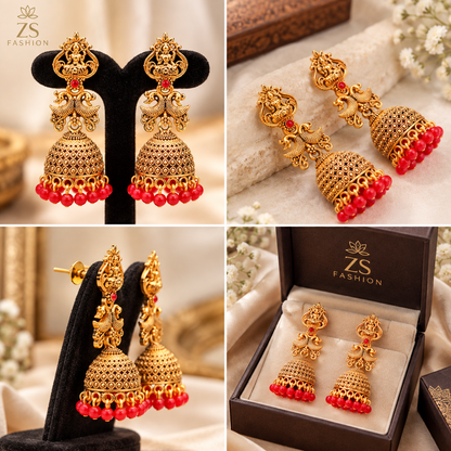 Antique Gold-Tone Temple Jhumka Earrings with Red Bead Drops
