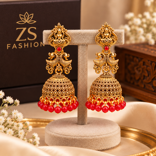Antique Gold-Tone Temple Jhumka Earrings with Red Bead Drops