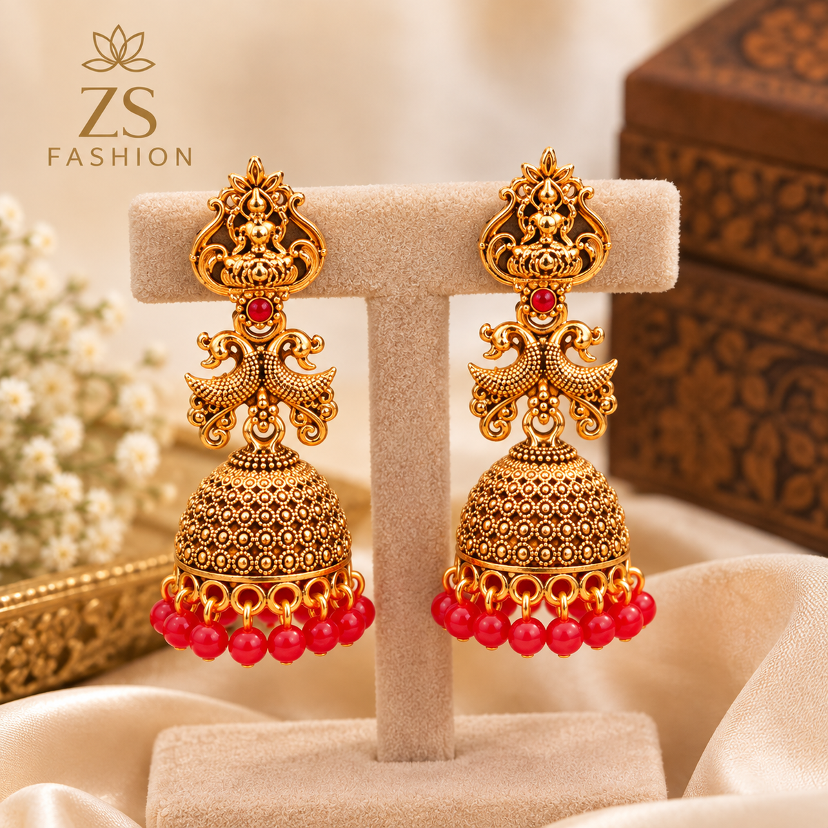 Antique Gold-Tone Temple Jhumka Earrings with Red Bead Drops