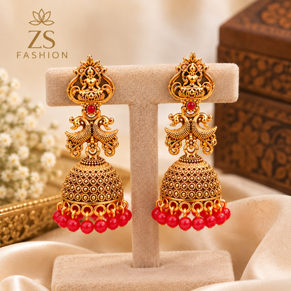 Antique Gold-Tone Temple Jhumka Earrings with Red Bead Drops