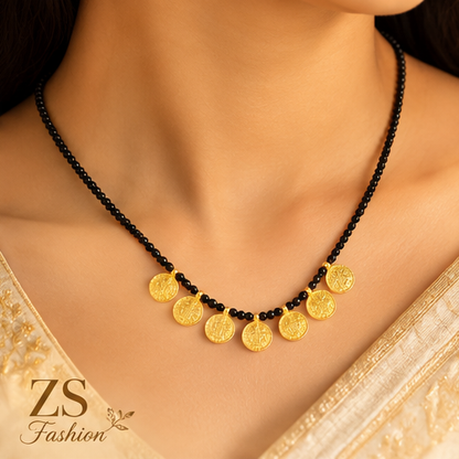 Traditional Gold-Tone Coin Mangalsutra Necklace with Black Beads
