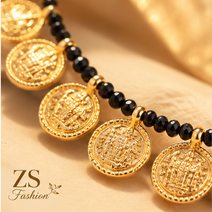 Traditional Gold-Tone Coin Mangalsutra Necklace with Black Beads