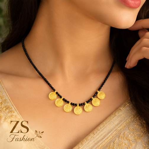 Traditional Gold-Tone Coin Mangalsutra Necklace with Black Beads