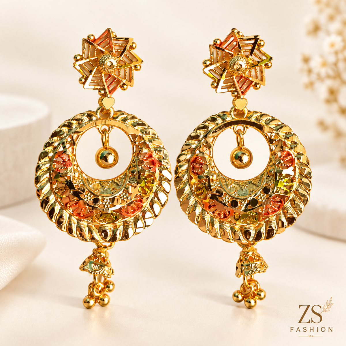 ZS Fashion Traditional Multicolor Gold-Tone Circular Chandbali Drop Earrings