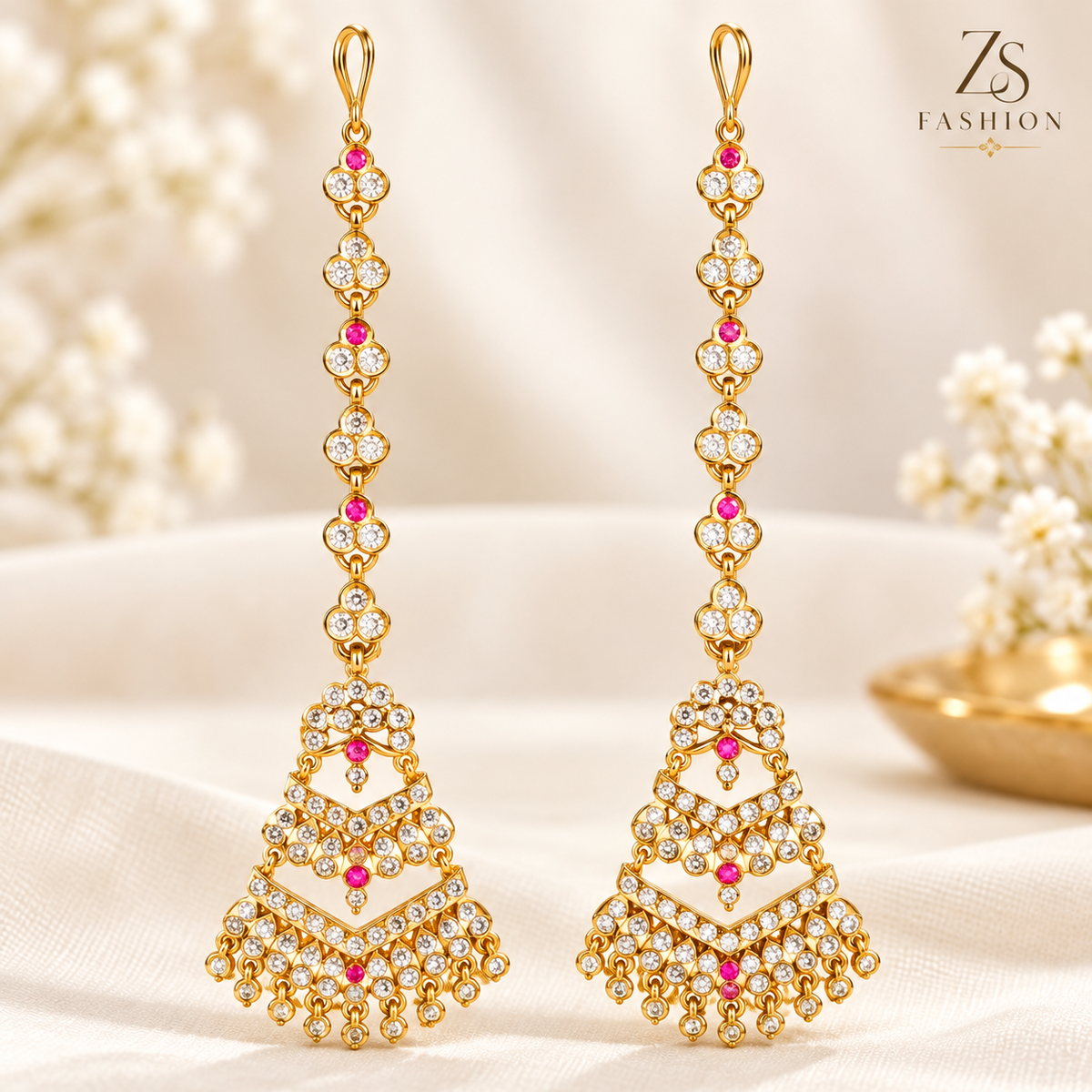 ZS Fashion Royal Pink & White Stone Gold-Tone Long Chandbali Earrings