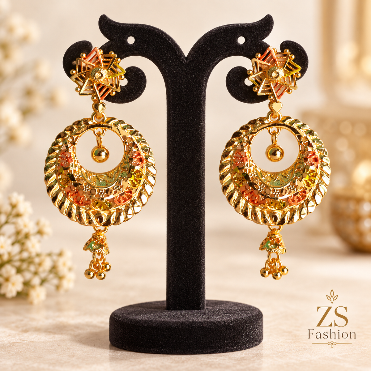 ZS Fashion Traditional Multicolor Gold-Tone Circular Chandbali Drop Earrings
