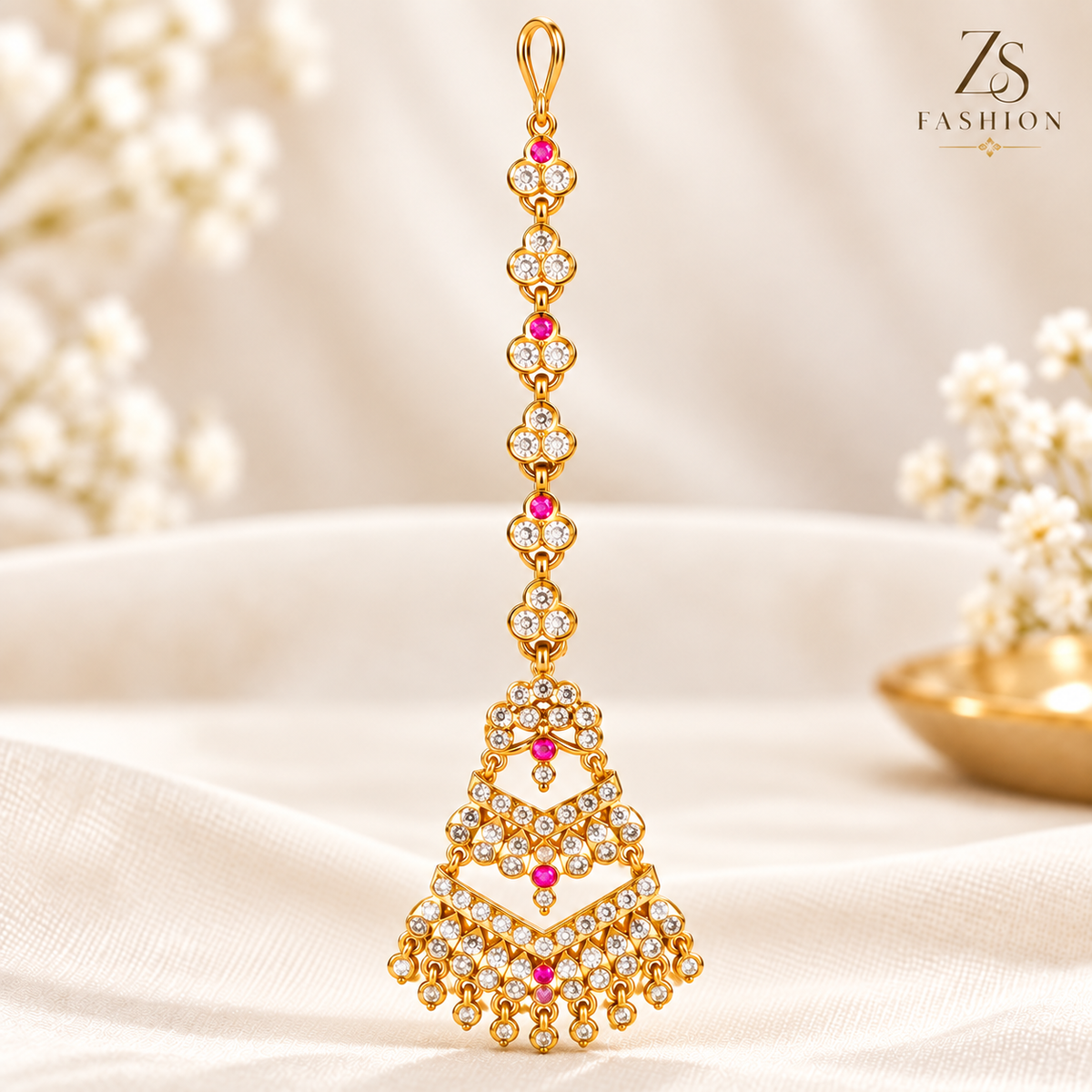 ZS Fashion Royal Pink & White Stone Gold-Tone Long Chandbali Earrings
