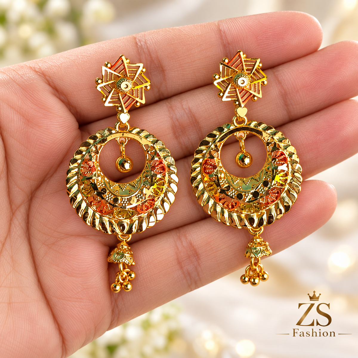 ZS Fashion Traditional Multicolor Gold-Tone Circular Chandbali Drop Earrings