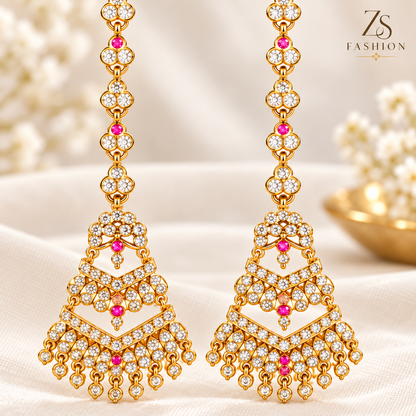 ZS Fashion Royal Pink & White Stone Gold-Tone Long Chandbali Earrings