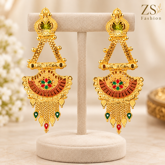 Traditional Gold-Tone Fan Design Long Dangler Earrings with Red & Green Accents | ZS Fashion