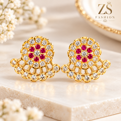 Ruby Pink & White Stone Floral Fan Earrings – Gold Tone