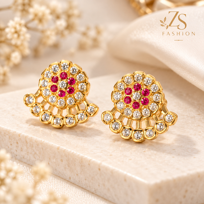 Ruby Pink & White Stone Floral Fan Earrings – Gold Tone