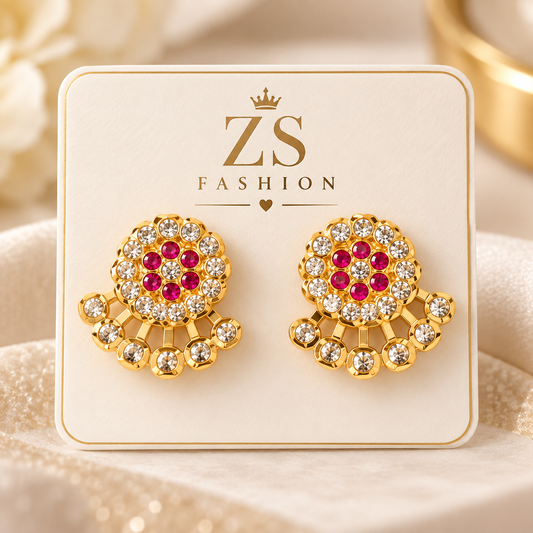 Ruby Pink & White Stone Floral Fan Earrings – Gold Tone